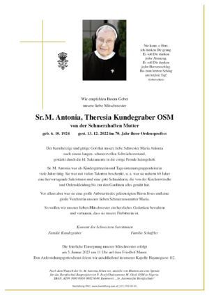 Traueranzeige von Sr. M. Antonia, Theresia Kundegraber OSM