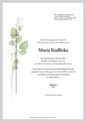 Traueranzeige von Maria Kudlicka