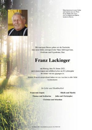 Traueranzeige von Franz Lackinger