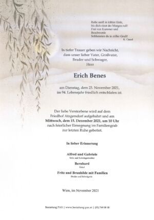 Traueranzeige von Erich Benes
