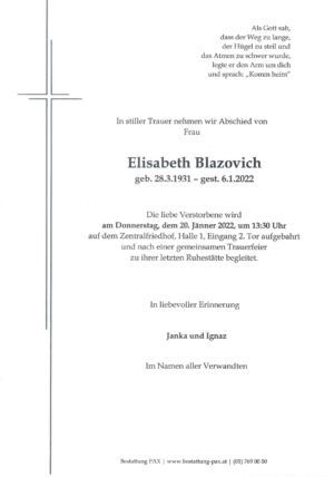 Traueranzeige von Elisabeth Blazovich