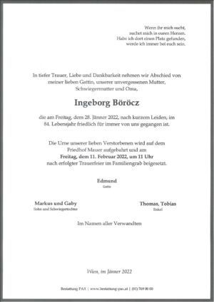 Traueranzeige von Ingeborg Böröcz