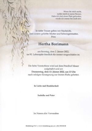 Traueranzeige von Hertha Borimann