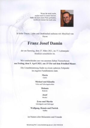 Traueranzeige von Franz Josef Damin