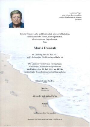 Traueranzeige von Maria Dworak