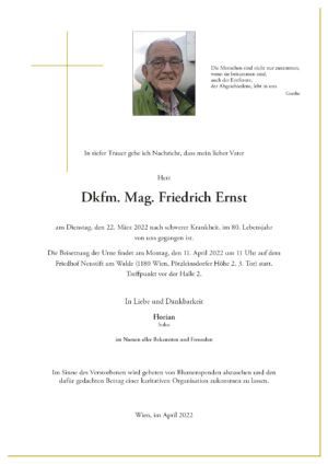 Traueranzeige von Dkfm. Mag. Friedrich Ernst