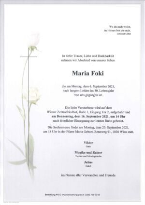 Traueranzeige von Maria Foki