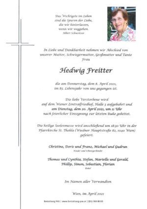 Traueranzeige von Hedwig Freitter