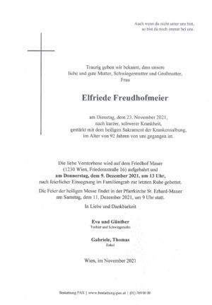 Traueranzeige von Elfriede Freudhofmeier