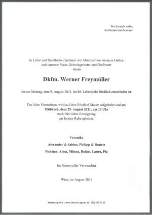 Traueranzeige von Dkfm. Werner Freymüller