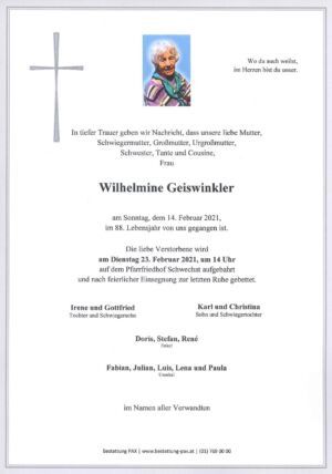 Traueranzeige von Wilhelmine Geiswinkler