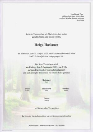Traueranzeige von Helga Haslauer