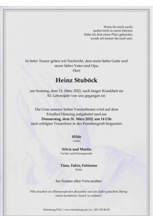 Traueranzeige von Heinz Stuböck