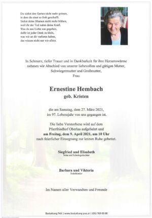 Traueranzeige von Ernestine Hembach