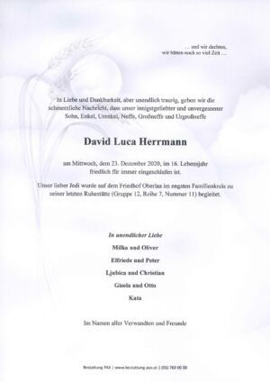 Traueranzeige von David Luca Herrmann