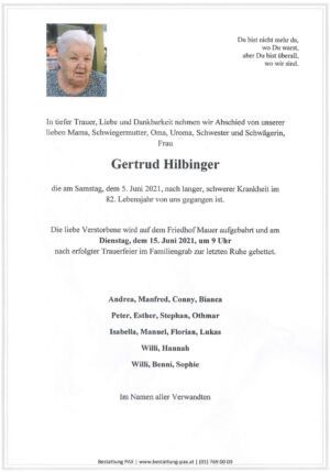 Traueranzeige von Gertrud Hilbinger