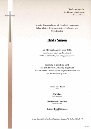 Traueranzeige von Hilda Simon