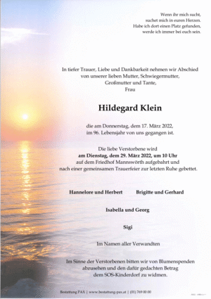 Traueranzeige von Hildegard Klein