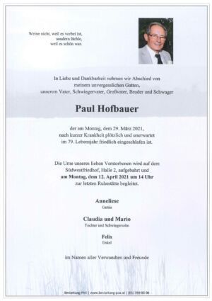 Traueranzeige von Paul Hofbauer