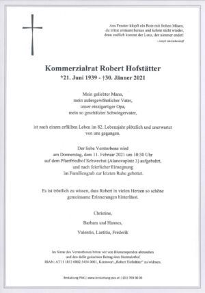 Traueranzeige von Kommerzialrat Robert Hofstätter