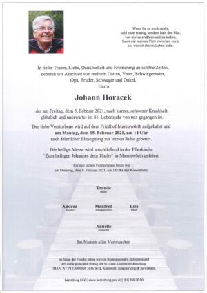 Traueranzeige von Johann Horacek