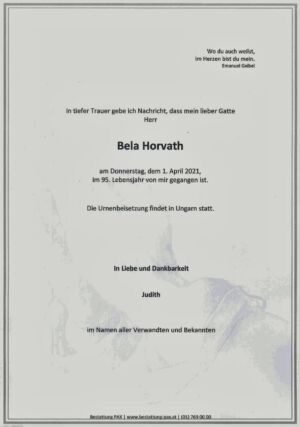 Traueranzeige von Bela Horvath