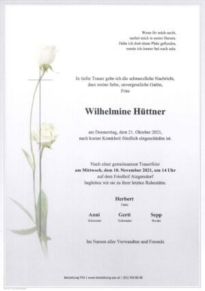 Traueranzeige von Wilhelmine Hüttner