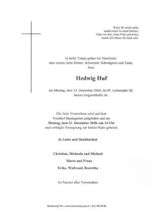 Traueranzeige von Hedwig Huf