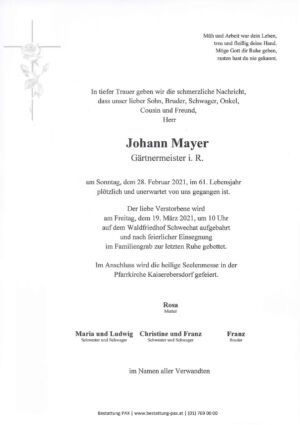 Traueranzeige von Johann Mayer