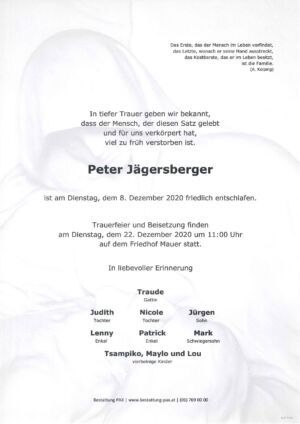 Traueranzeige von Peter Jägersberger