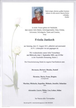 Traueranzeige von Frieda Jankech