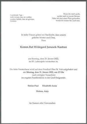 Traueranzeige von Komm.Rat Hildegard Junasek-Nastran