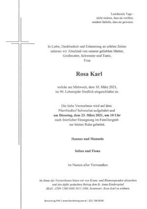 Traueranzeige von Rosa Karl