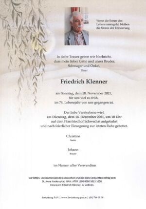 Traueranzeige von Friedrich Klenner
