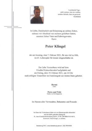 Traueranzeige von Peter Klingel