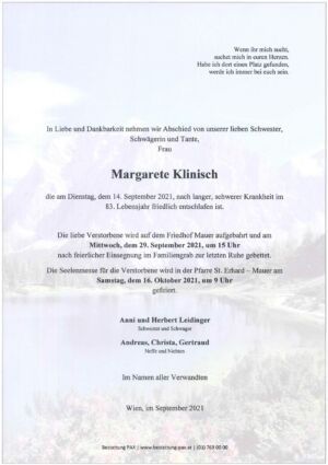 Traueranzeige von Margarete Klinisch