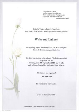 Traueranzeige von Waltraud Lahner