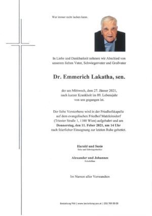 Traueranzeige von Dr. Emmerich Lakatha, sen.