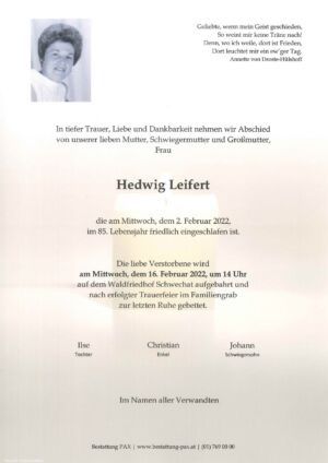 Traueranzeige von Hedwig Leifert