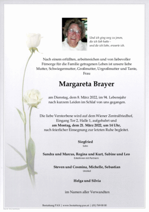 Traueranzeige von Margareta Brayer