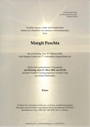 Traueranzeige von Margit Peschta