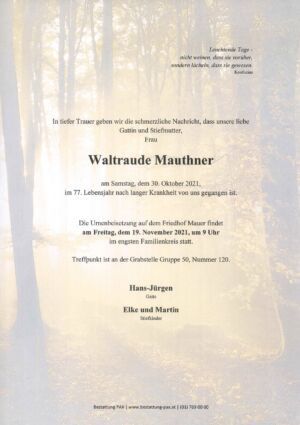 Traueranzeige von Waltraude Mauthner