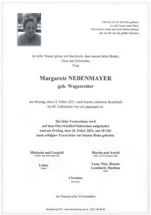 Traueranzeige von Margarete Nebenmayer