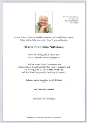 Traueranzeige von Maria Franziska Nittmann