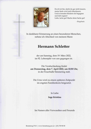 Traueranzeige von Hermann Schletter