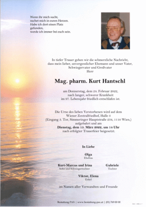 Traueranzeige von Mag. pharm. Kurt Hantschl