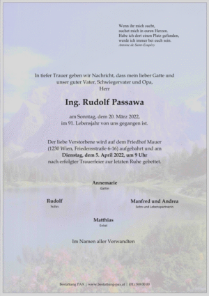 Traueranzeige von Ing. Rudolf Passawa