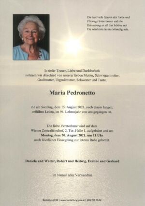 Traueranzeige von Maria Pedronetto