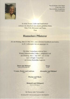 Traueranzeige von Hannelore Pfisterer