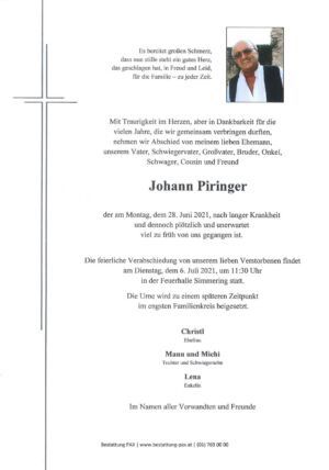 Traueranzeige von Johann Piringer